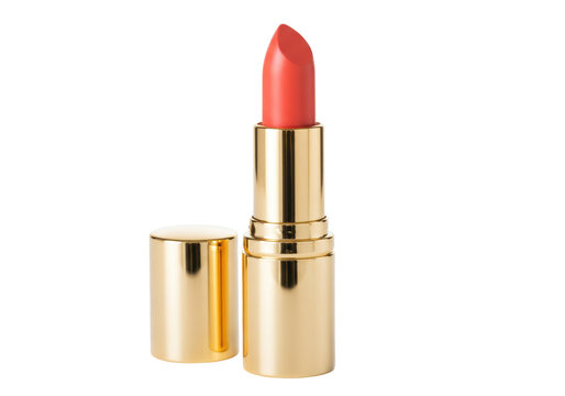 Isolated golden lipstick and cap on a neutral background for beauty and makeup concepts