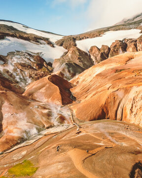 Aerial view of geothermal area where ochre earth contrasts with snow, creating a stunning vista in Kerlingarfj&Atilde;&para;ll, Hrunamannahreppur, Iceland.