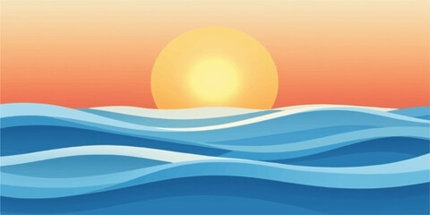 Vibrant sunset over stylized ocean waves with warm orange sky and bright sun disk