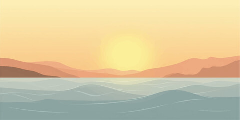 Serene sunset over a calm body of water with distant rolling hills and a warm glowing sky