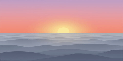 Serene ocean waves at sunrise with a gradient sky of pink and purple hues and a bright sun