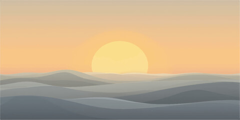 Serene minimalist landscape with a glowing sun rising over rolling hills and a hazy horizon at dawn