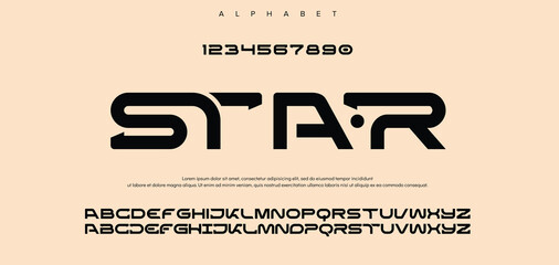 Font digital cyber alphabet with point, trendy letters A, B, C, D, E, F, G, H, I, J, K, L, M, N, O, P, Q, R, S, T, U, V, W, X, Y, Z and numerals 0, 1, 2, 3, 4, 5, 6, 7, 8, 9.