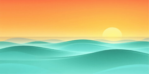Serene abstract ocean waves under a vibrant orange sunset with a glowing sun in the distance