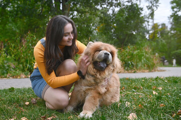 Young woman and her dog are relaxing in a park. Young adult woman with a Chow Chow outdoor