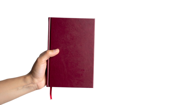 A hand holding a maroon colored book, representing knowledge and reading