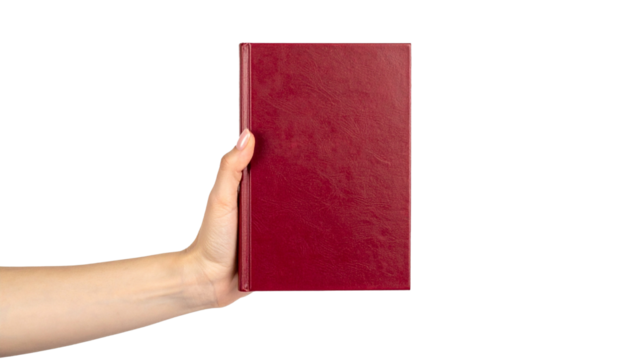 A hand holding a red book, perfect for reading or study. The book is presented with its cover facing forward. The scene is simple and clean, highlighting the book and hand