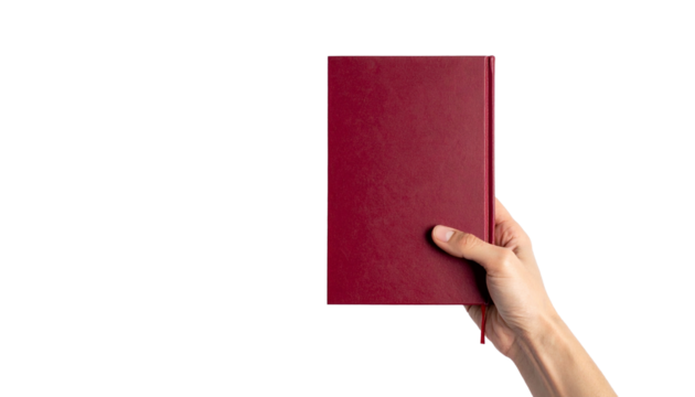 Hand holding a closed book with a deep red cover, showcasing the power of knowledge and reading