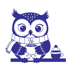 Cute Winter Owl with Coffee 