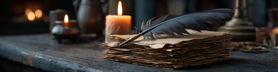 Old parchment letter stack quill pen candlelight on wooden table intimate warm vintage writing scene with aged paper and feathered quill evoking nostalgia and historical atmosphere