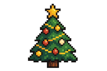 Pixel art christmas tree providing a festive digital holiday decoration with star and ornaments on a transparent background