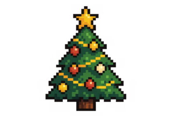 Pixel art christmas tree providing a festive digital holiday decoration with star and ornaments on a transparent background