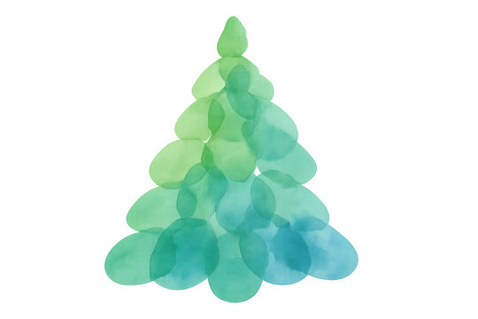 Abstract watercolor christmas tree illustration with green and blue color gradient, transparent background