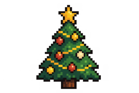 Pixel art christmas tree providing a festive digital holiday decoration with star and ornaments on a transparent background