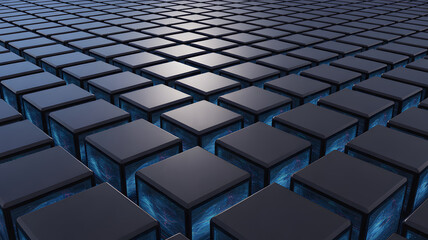 Obraz premium Abstract 3d geometric pattern of dark blue cubes receding into the distance with subtle blue light emanating from below