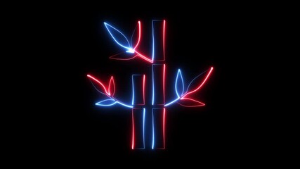 Neon bamboo stalks with glowing red and blue leaves on black background abstract digital art animation elegant