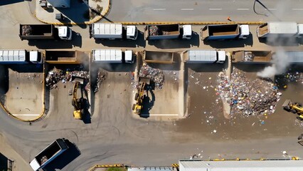 Waste Management Facility with Trucks and Heavy Machinery Processing Garbage