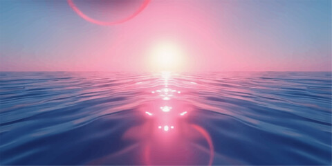 Vibrant pink and blue sunset over a calm ocean with shimmering light reflections on the water surface