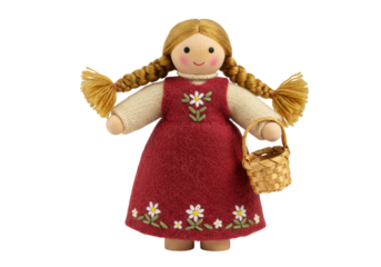 Isolated folk-art handcrafted toy doll with braids in red dress carrying woven wicker basket