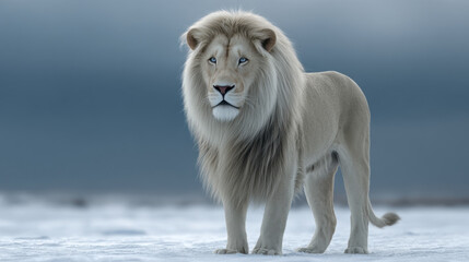 Obraz premium White lion standing alone in vast snowy landscape with soft blue lighting and dramatic gaze