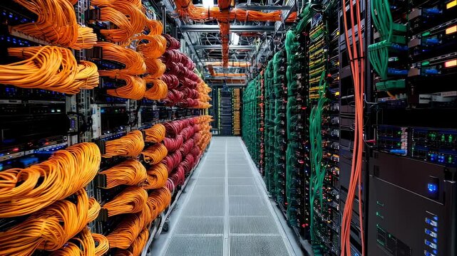 Server racks with orange, red, and green network cables inside a data center passage, showing rows of hardware, footage