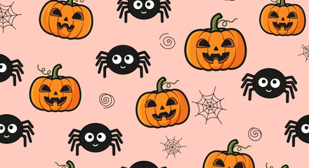 Cute Halloween pattern with cheerful pumpkins spiders and webs on a soft pink background adding