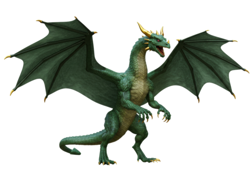 Isolated Fantasy Green Dragon, Legendary Creature with Wings, Horns and Claws, Animal Design