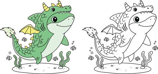 Cute Shark Dressed as Dragon with Wings – Adorable Fantasy Cartoon Illustration and Coloring Page for Kids
