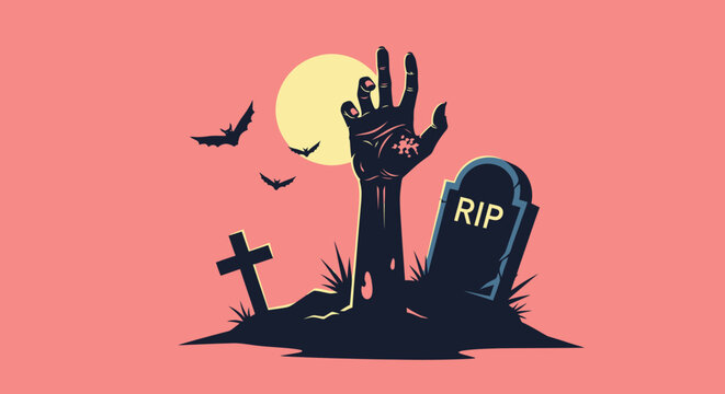Spooky zombie graveyard scene with a hand rising from the grave on halloween night