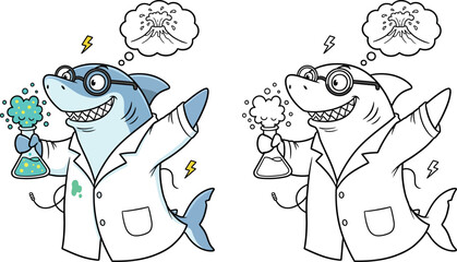 Funny Scientist Shark Mixing Potion with Volcano Idea – Cute Cartoon Illustration and Coloring Page