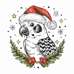 Christmas Parrot in Santa Hat Holiday Bird Illustration