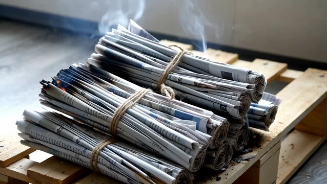 Stacked Newspapers Bundled for Recycling with Smoke Rising in Background