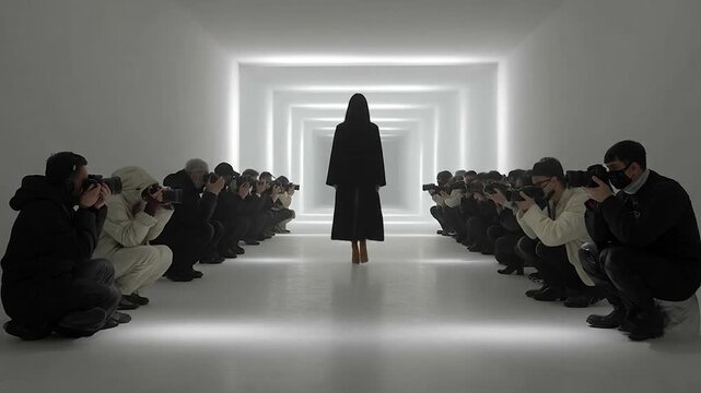 A lone figure walks down a brightly lit runway, surrounded by photographers