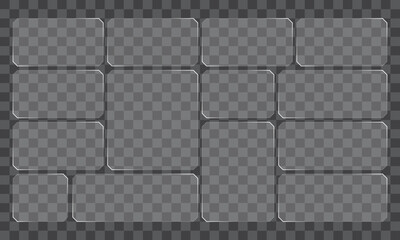 Transparent modern liquid bento grid glass frame effect UI panel template design. Web interfaces transparent surface UI UX design.
