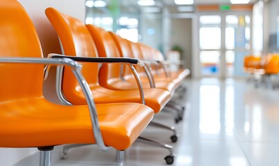 Empty orange plastic chairs in row at hospital waiting room or medical clinic corridor with blurred background and natural light from windows.