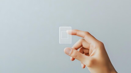 Female hand holding transparent glass or acrylic square shape against light neutral background, demonstrating minimalist technology concept for business presentations.