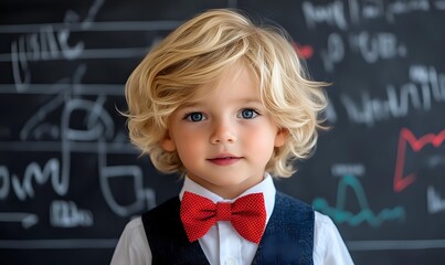 Young boy with curly blonde hair wearing red bow tie and navy vest poses against chalkboard with mathematical formulas, portraying education and early learning concept.