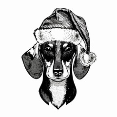 Dachshund Santa Hat Illustration, Christmas Dog, Black and White