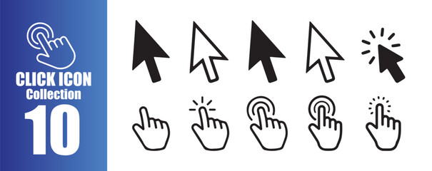 10 icon collection. Computer mouse click cursor icon set. Hand and arrow pointer cursor. Vector illustration
