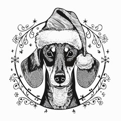 Dachshund Santa Hat Vector, Christmas Dog Illustration, Holiday Pet
