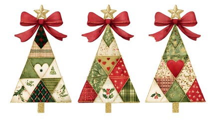 Festive patchwork Christmas trees with red bows and gold star toppers in folk art style, featuring hearts and holiday patterns on white background for seasonal designs.