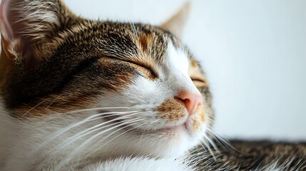 Peaceful calico cat sleeping with serene expression, close-up portrait showing whiskers and fur details in soft natural lighting. For pet care and animal welfare concepts.