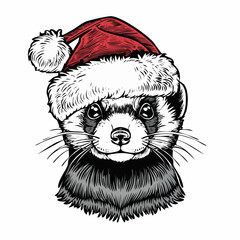 Ferret Santa Hat Vector, Christmas Pet Animal Illustration