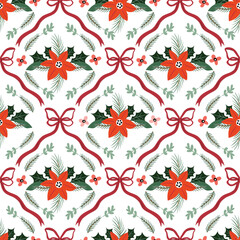  Christmas vintage seamless pattern with poinsettia floral bouquets and coquette ribbons, elegant floral  wallpaper, holiday background