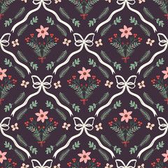  Christmas vintage seamless pattern with floral bouquets and coquette ribbons, elegant floral  wallpaper, holiday background