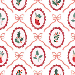 Naklejka na ściany i meble Christmas seamless pattern, coquette wallpaper with frames and bows, winter background