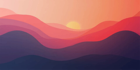 Abstract layered landscape with rolling hills and a warm sunset glow in vibrant gradient colors