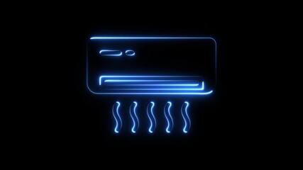 Blue neon air conditioner icon glowing on black background with cool air blowing out digital animation technology