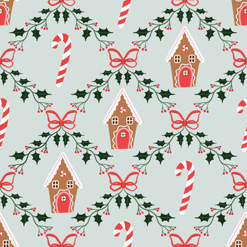 Christmas coquette seamless pattern with gingerbread houses, candies and ornamental bows and branches