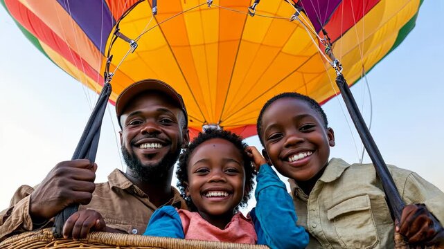 Family Fun Time over Arizona desert, A Father And Two Children in Hot Air Balloon Adventure, Beautiful Smiles and colorful balloon against clear blue sky